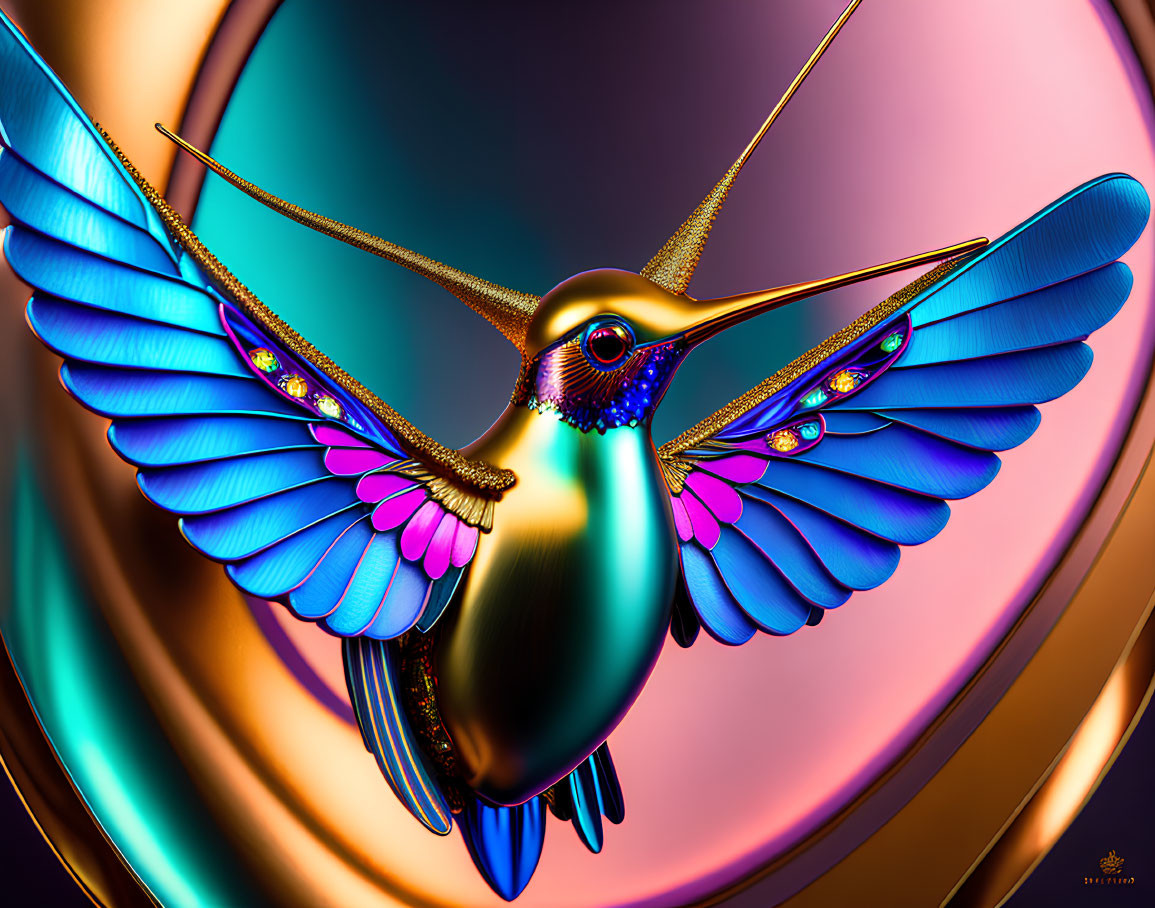 Colorful Digital Art: Hummingbird with Iridescent Feathers on Gold and Purple Background