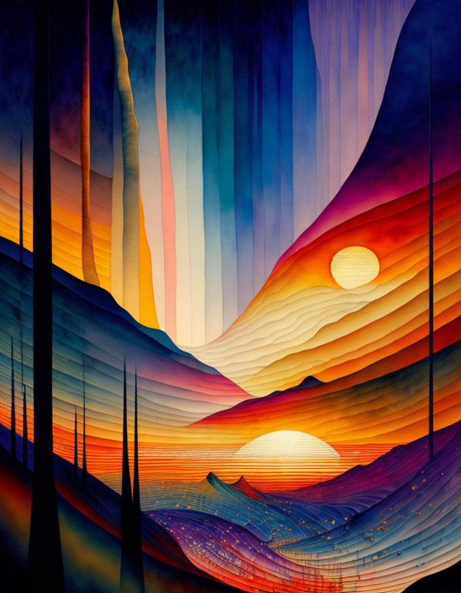 Colorful Abstract Landscape with Sun, Hills, and Trees on Gradient Sky