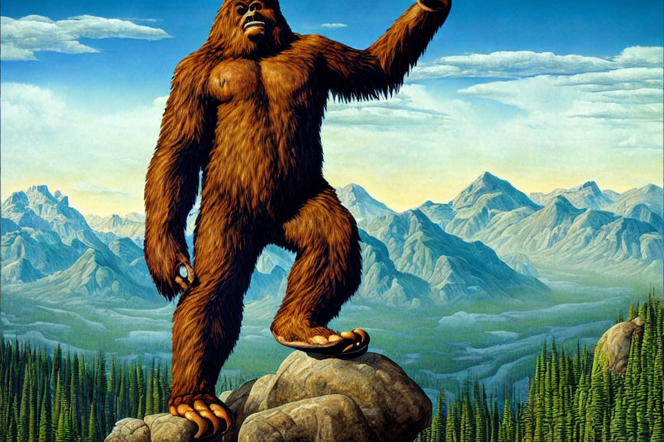 Bigfoot illustration on rocky outcrop with mountain background