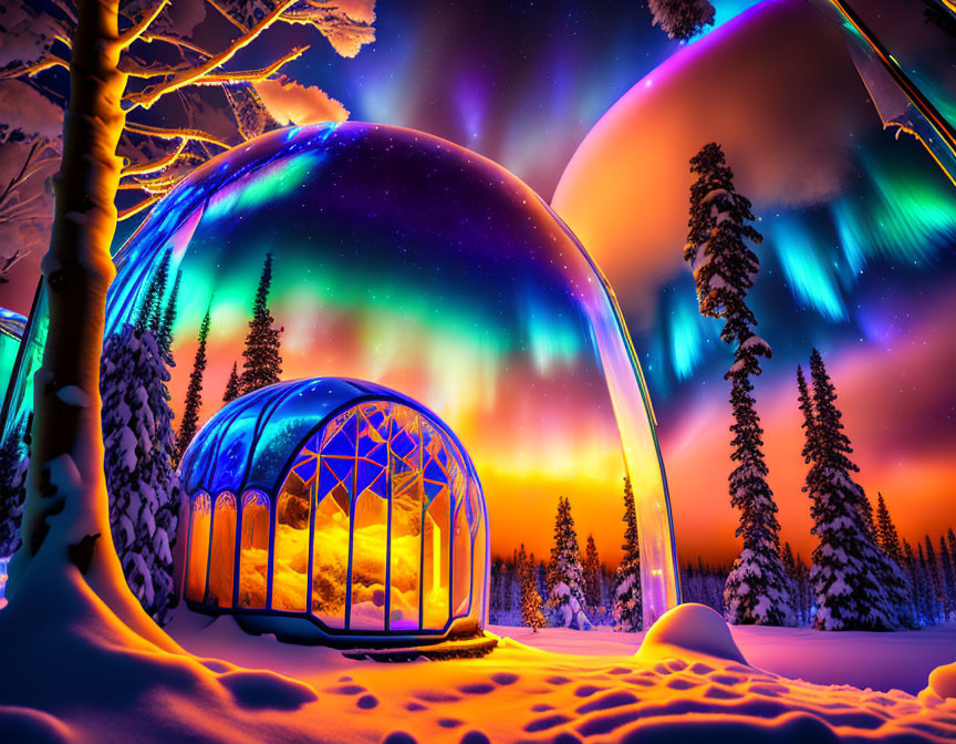 Aurora Borealis shines over snowy landscape with dome shelters