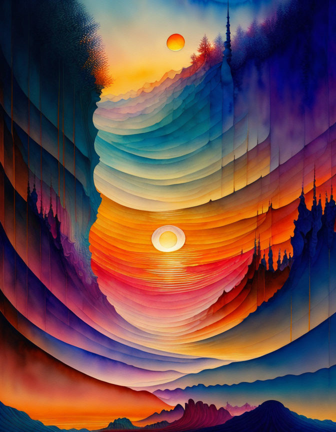 Colorful artwork: Layered hills in blue to red gradient with dual suns/moons & tree