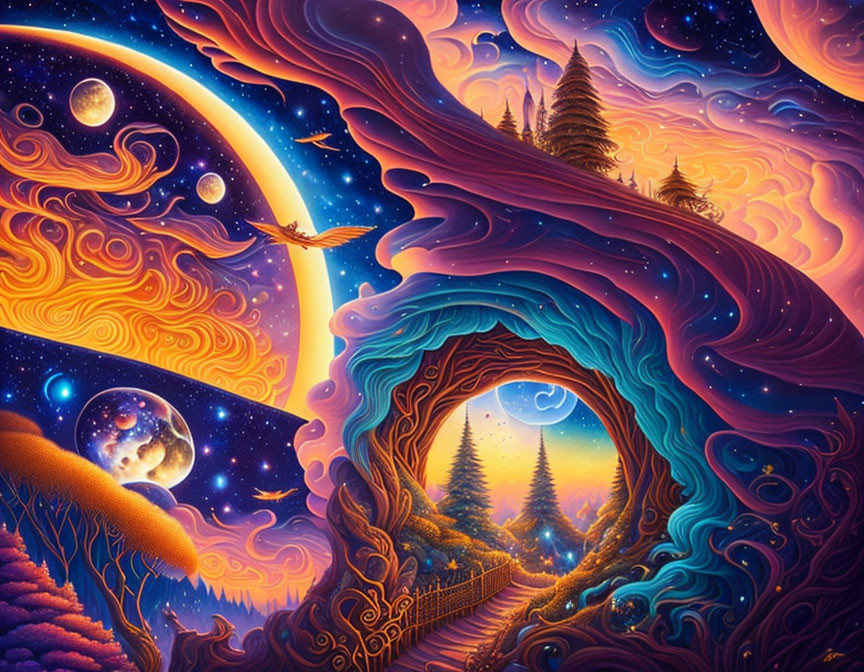 Surreal landscape with swirling sky, stars, planets, crescent moon, and serene forest scene