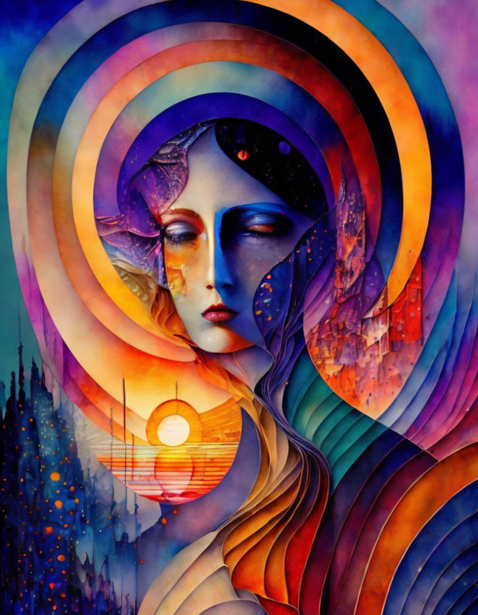 Vibrant artwork of stylized female figure with celestial and architectural elements