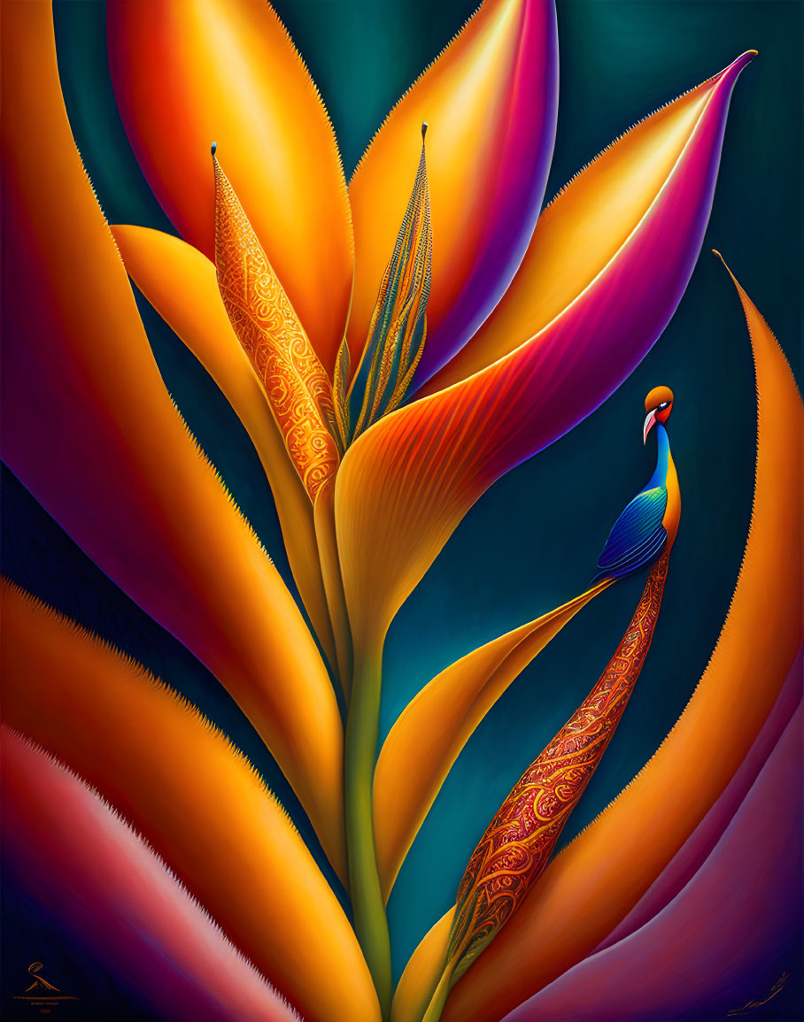 Vivid Abstract Peacock Painting on Flame-like Leaves