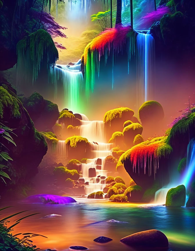 Fantasy landscape with waterfalls, rocks, and misty atmosphere