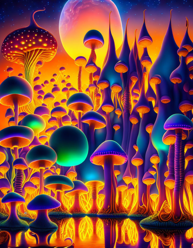 Fantasy mushroom forest with moon in neon colors