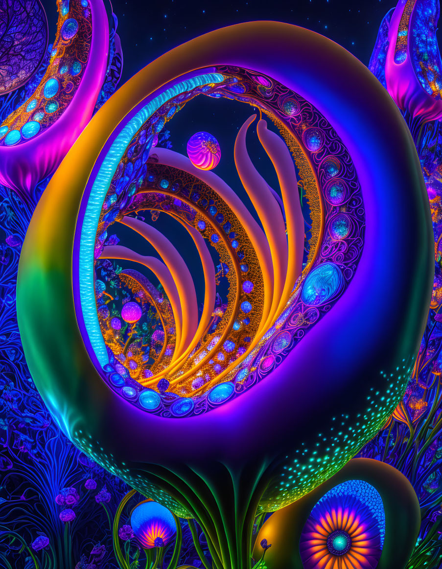 Colorful Abstract Fractal Art: Swirling Patterns, Glowing Orbs, and Organic Shapes in