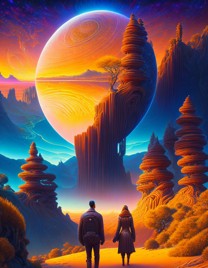 Couple in surreal landscape with towering rocks and giant moon