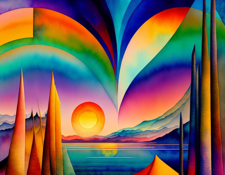 Colorful Abstract Landscape with Stylized Mountains & Sunset Sky