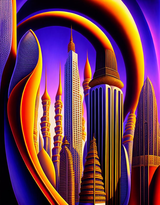 Futuristic cityscape with swirling purple and blue patterns