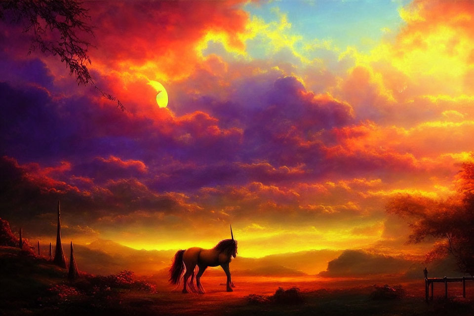 Colorful digital artwork: Unicorn under dramatic sunset sky