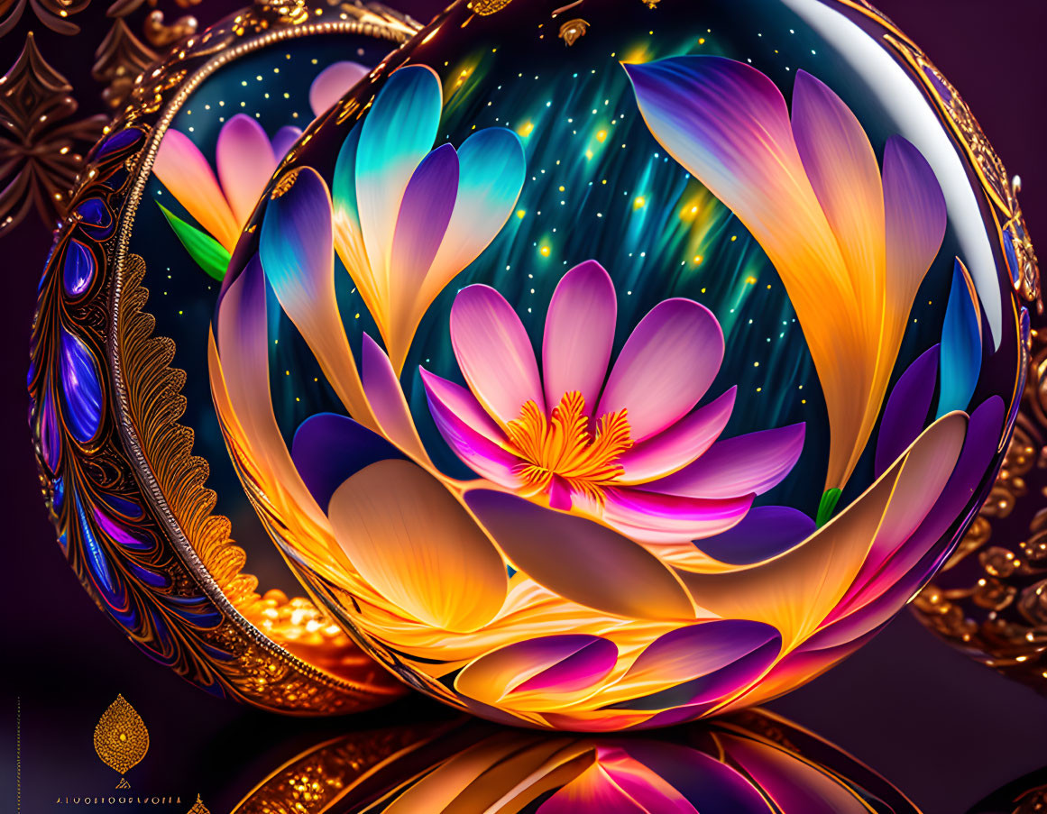 Colorful lotus flower in reflective sphere on starry background with golden patterns