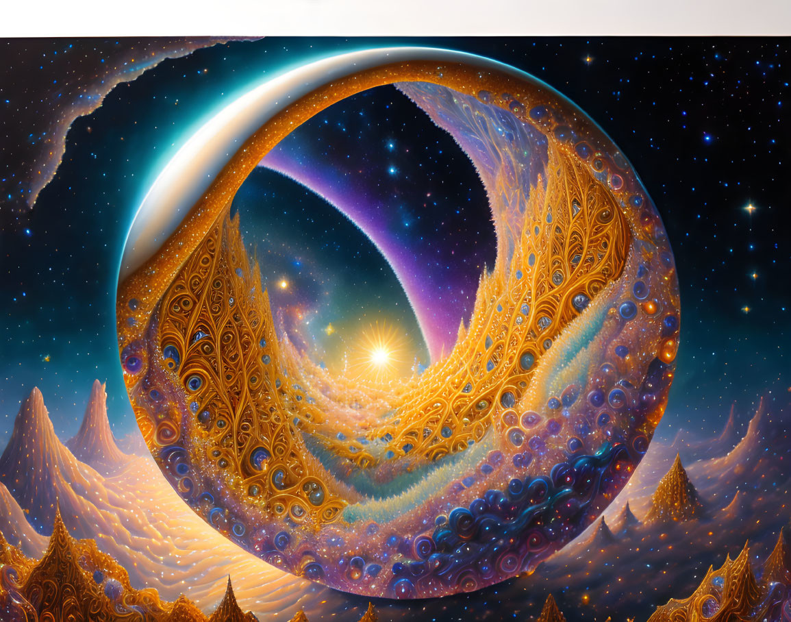 Surreal cosmic illustration: fractal wave, star, ornate patterns, mountainous terrain.