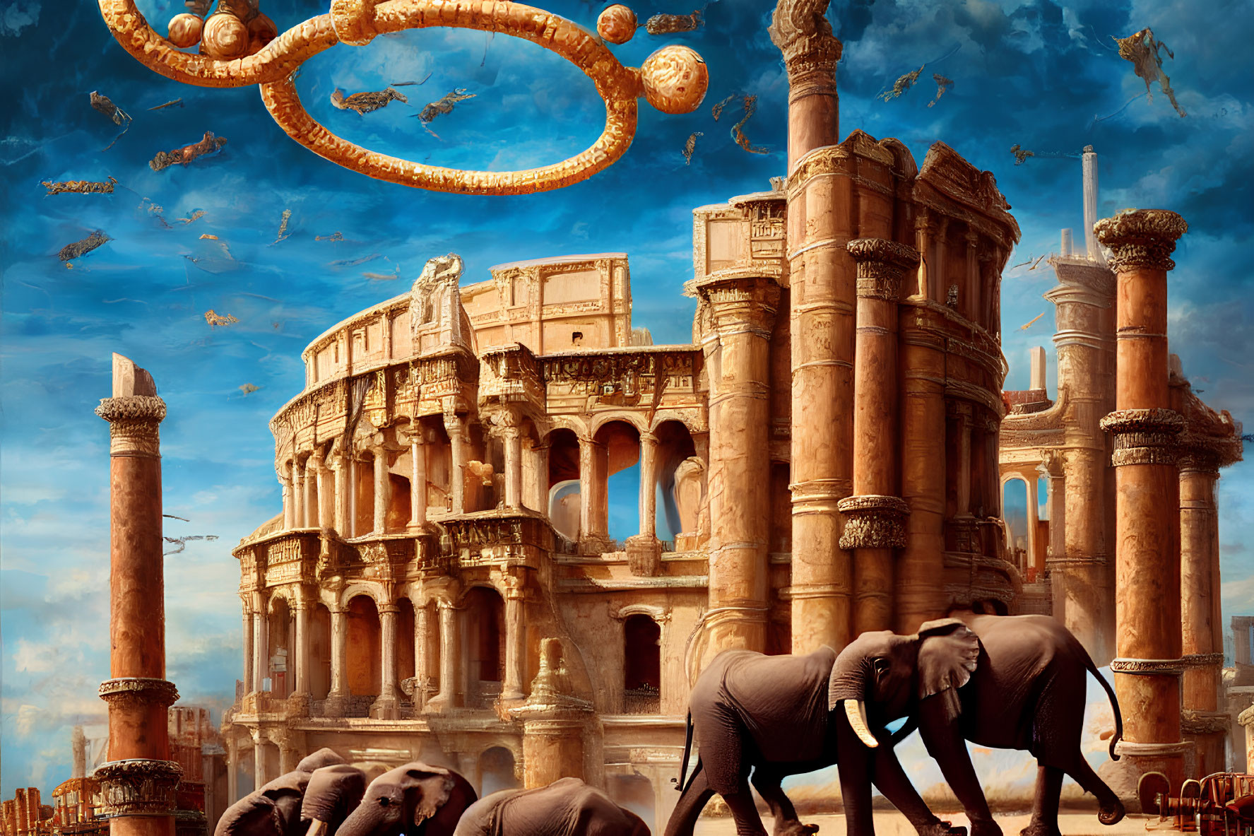 Elephants in front of crumbling Colosseum with golden rings and birds