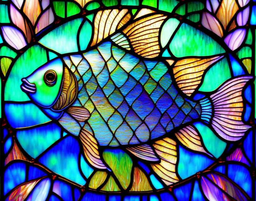 Colorful Stained Glass Fish Design in Blue, Green, and Purple Palette