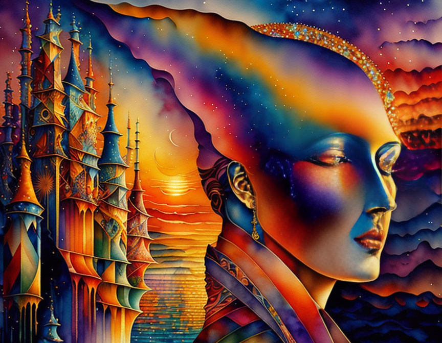 Colorful surreal artwork: Woman's face with cosmic colors blends into whimsical landscape