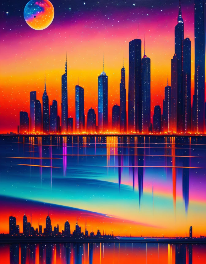 Futuristic city skyline with colorful planet reflection on water