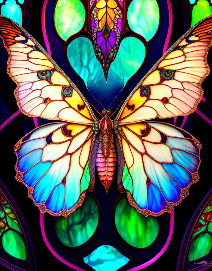 Symmetrical butterfly digital artwork with colorful stained-glass wings