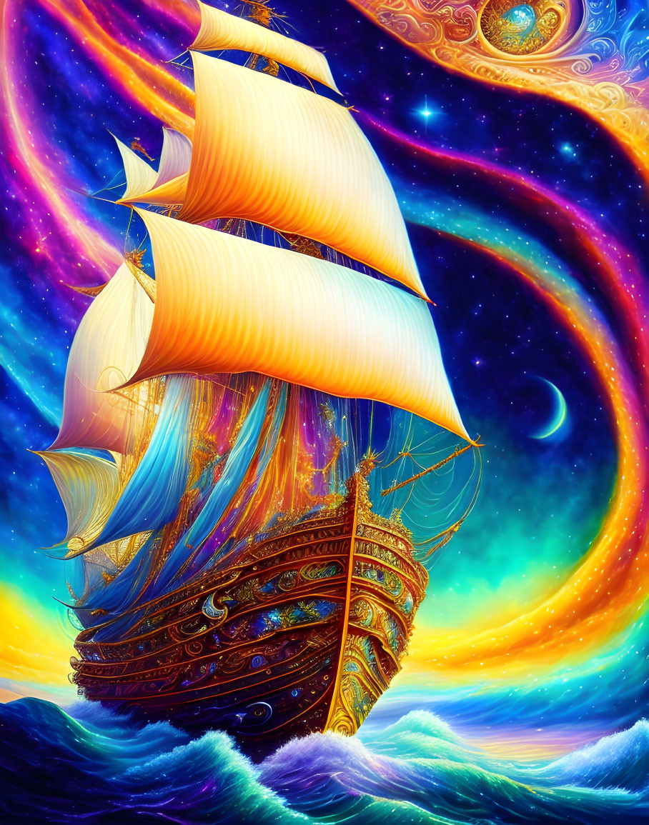 Colorful Sailboat with Golden Sails in Cosmic Galaxy Scene