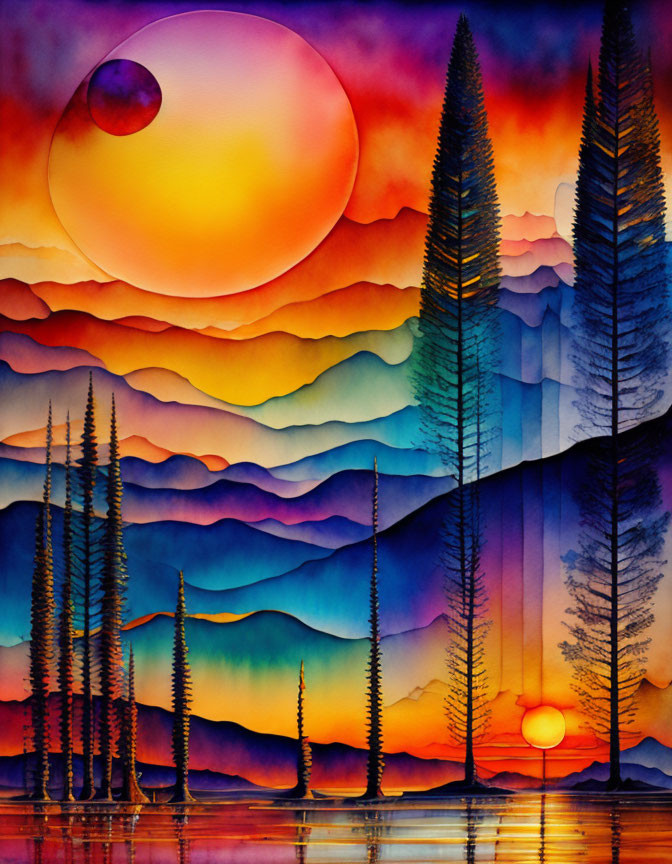 Colorful Watercolor Painting: Surreal Landscape with Hills, Water, Trees, and Dual Suns