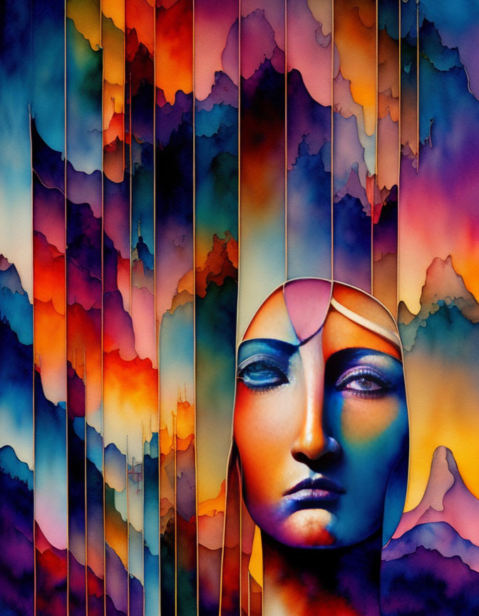 Colorful Abstract Art: Serene Face Amid Vibrant Sky-Water Fusion