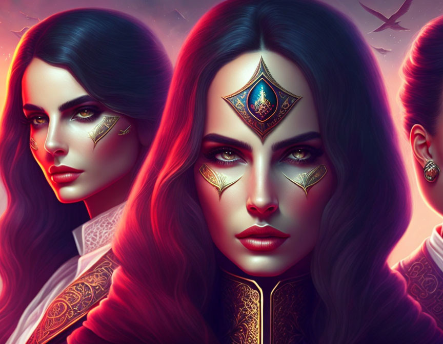 Two women with dark hair and mystical makeup on red background.