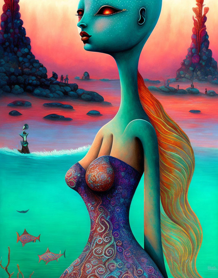 Surrealist artwork: Female figure with blue skin, elongated neck, yellow hair, aquatic backdrop