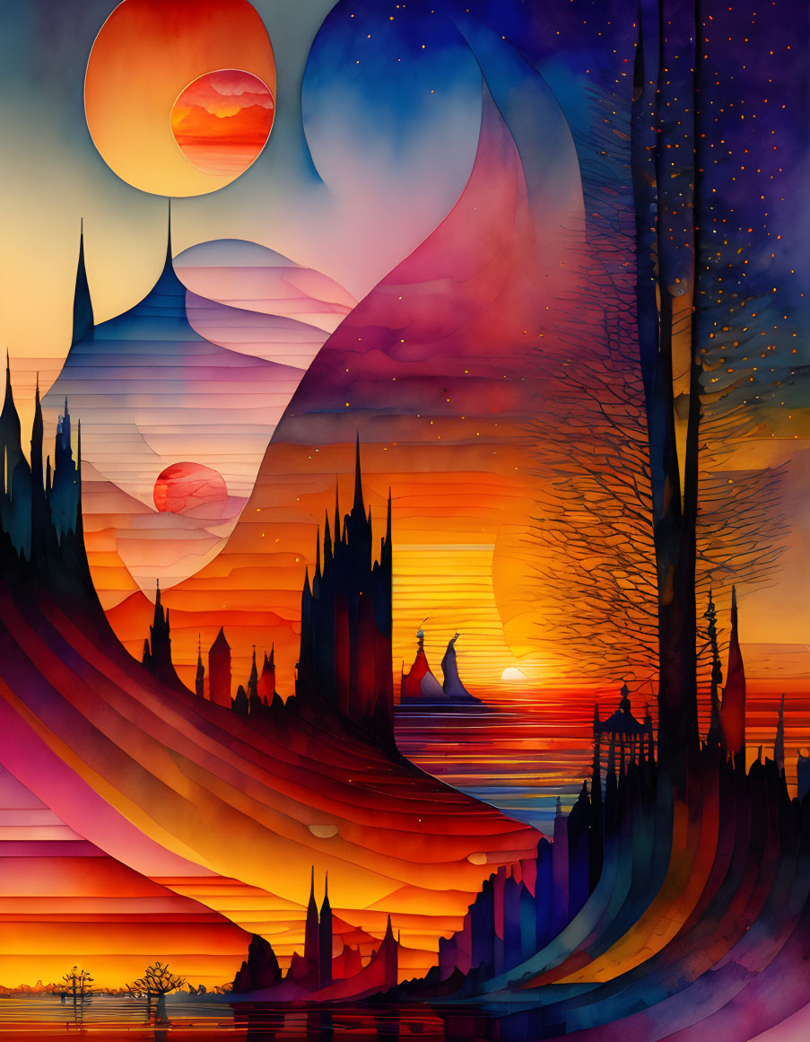 Vibrant surreal landscape with multiple suns and whimsical silhouettes