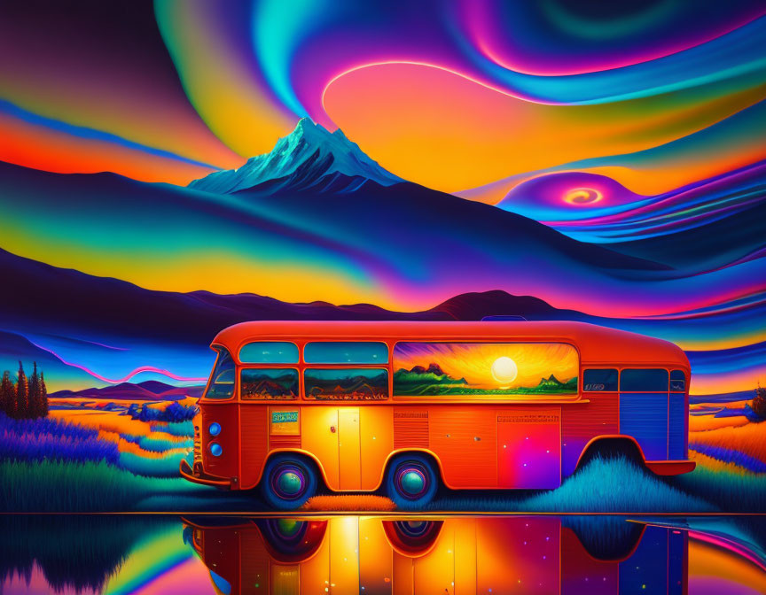 Colorful Psychedelic Red Bus Illustration by Lake with Mountain