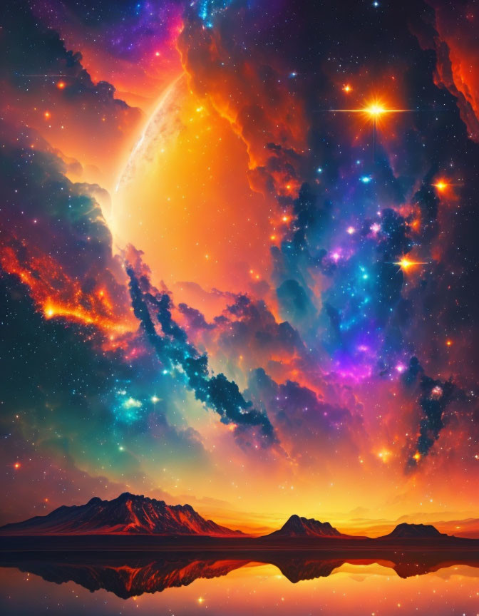 Colorful cosmic sky over mountains and lake with stars and nebulae