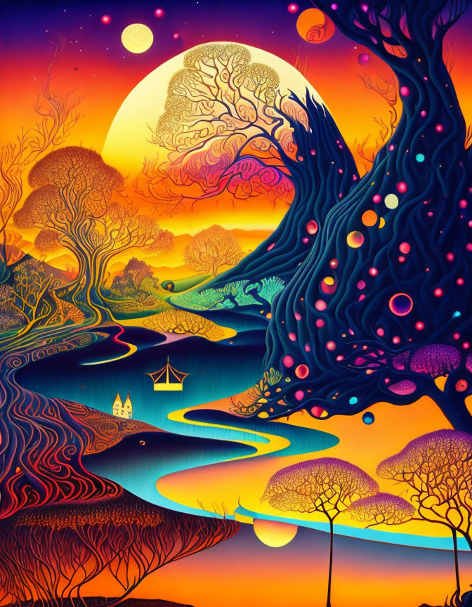 Colorful Psychedelic Landscape with River, Trees, and Moon