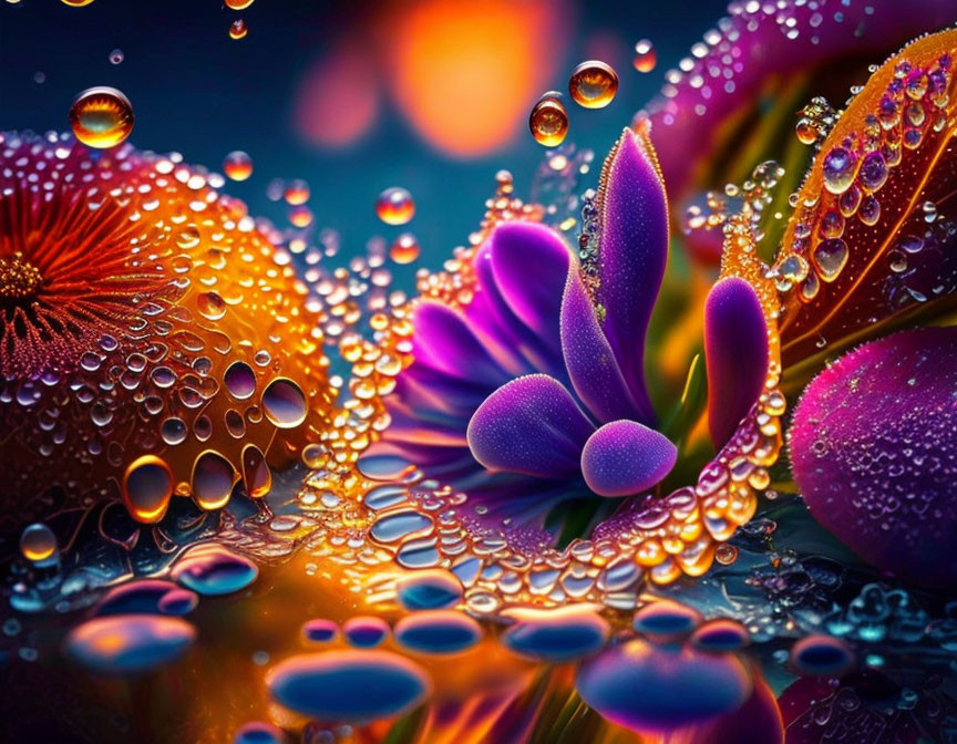 Colorful water droplets on flowers with bokeh effect