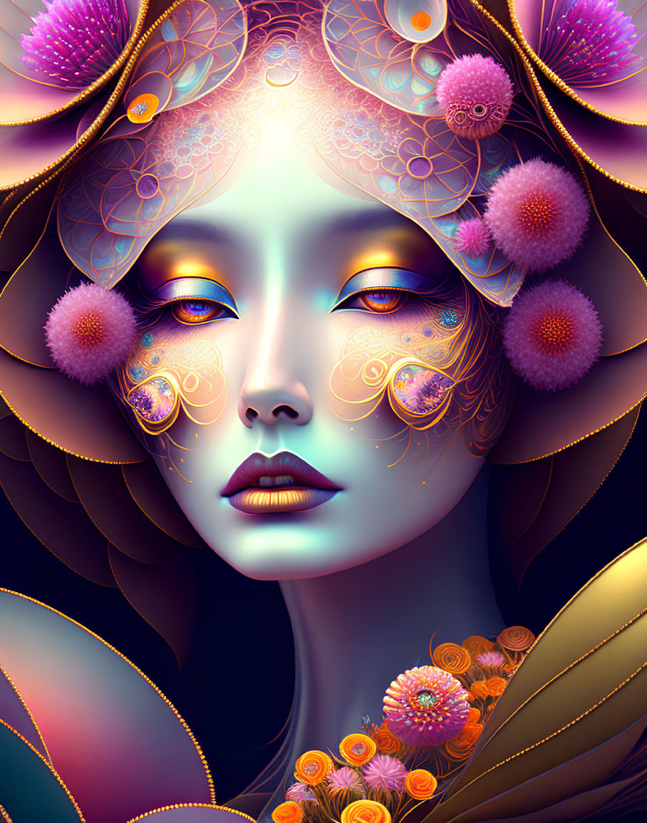 Digital artwork: Woman with stylized makeup and floral embellishments in fantastical, colorful design.