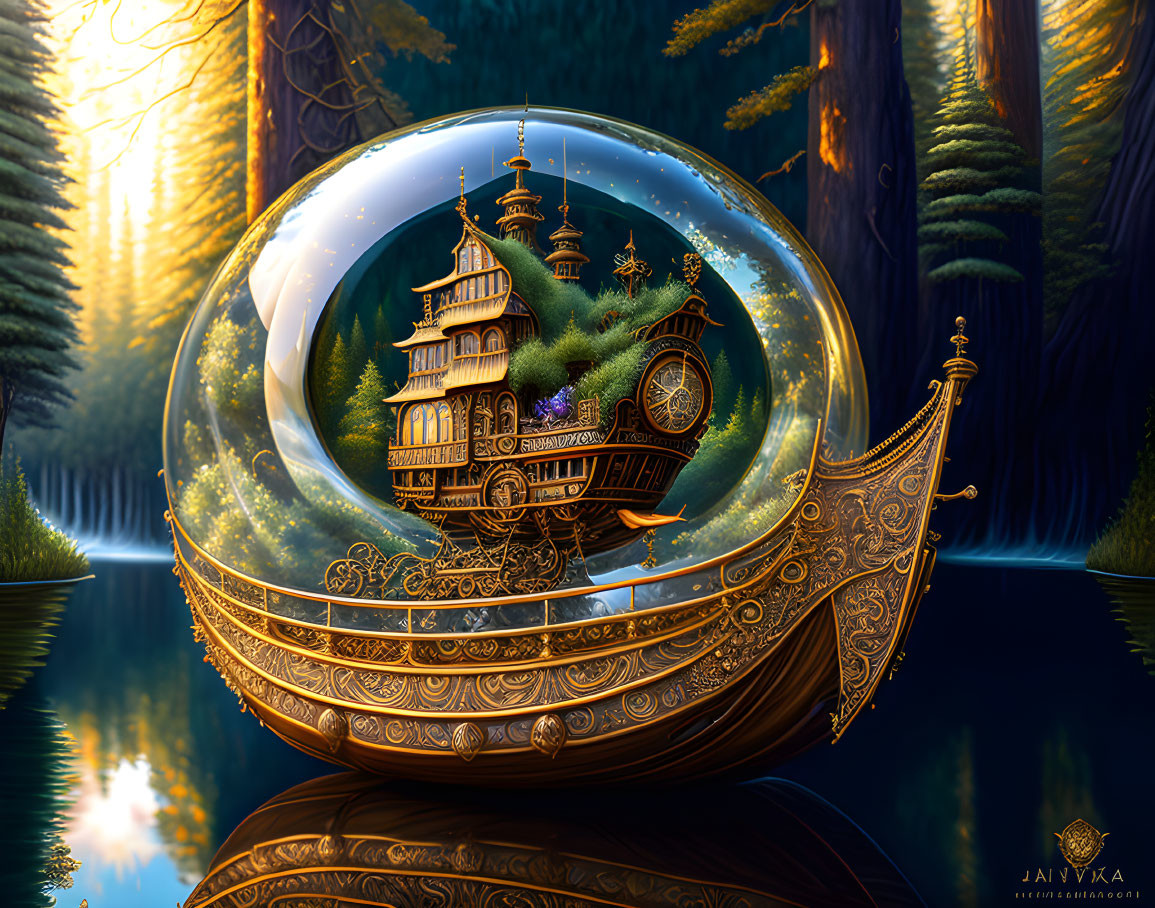 Ornate ship-like structure in transparent sphere against mystical forest backdrop