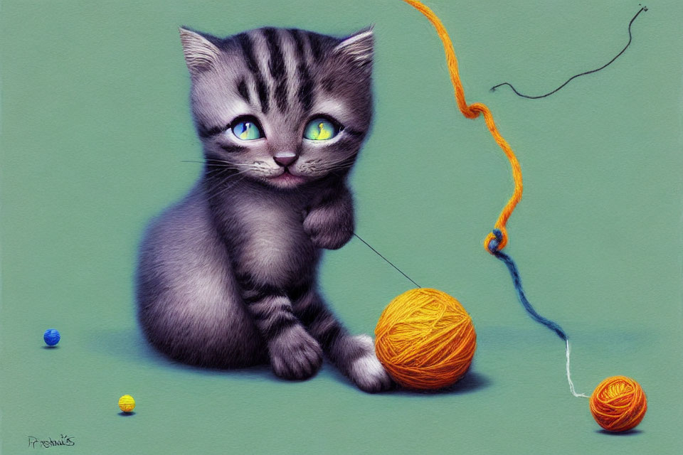 Grey Striped Kitten with Green Eyes and Yarn Ball on Green Background