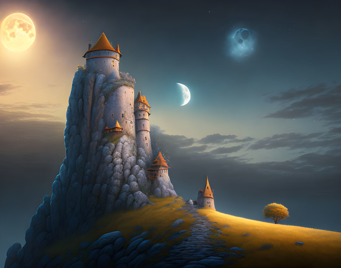 Majestic castle on steep rock under twilight sky with moons and stars