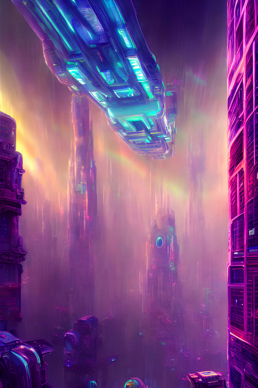 Neon-lit skyscrapers under hovering spaceship in futuristic cityscape