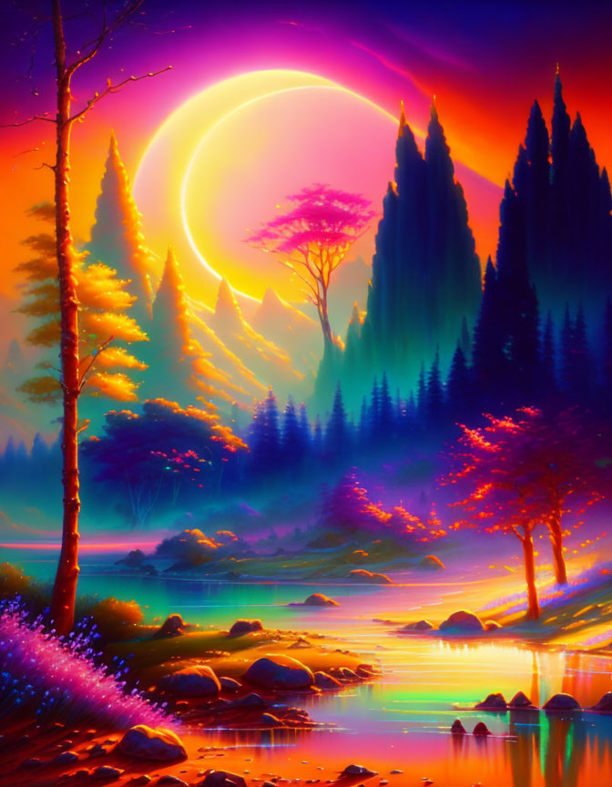 Luminous eclipse over colorful fantasy landscape