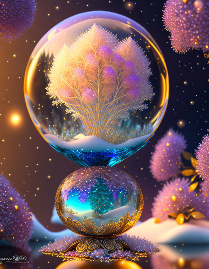 Digital Artwork: Translucent Orbs with Glowing Trees in Starry Night Setting