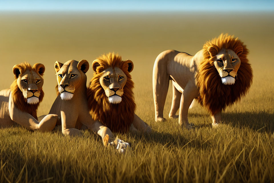 Animated lions resting in savanna, one standing and three seated, exuding pride and calm