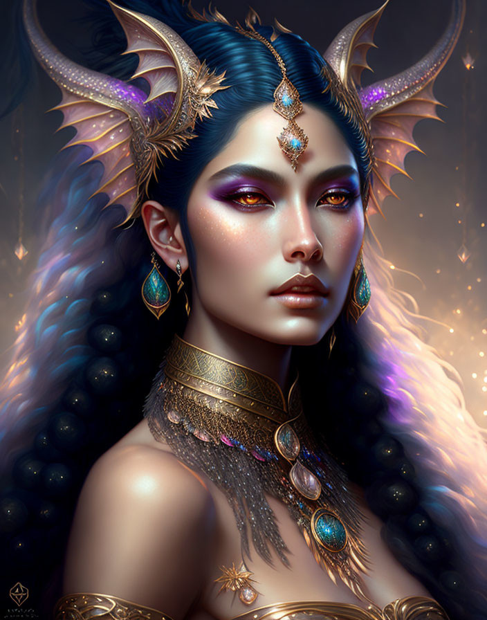 Fantasy portrait of woman with horns and gold jewelry & purple makeup