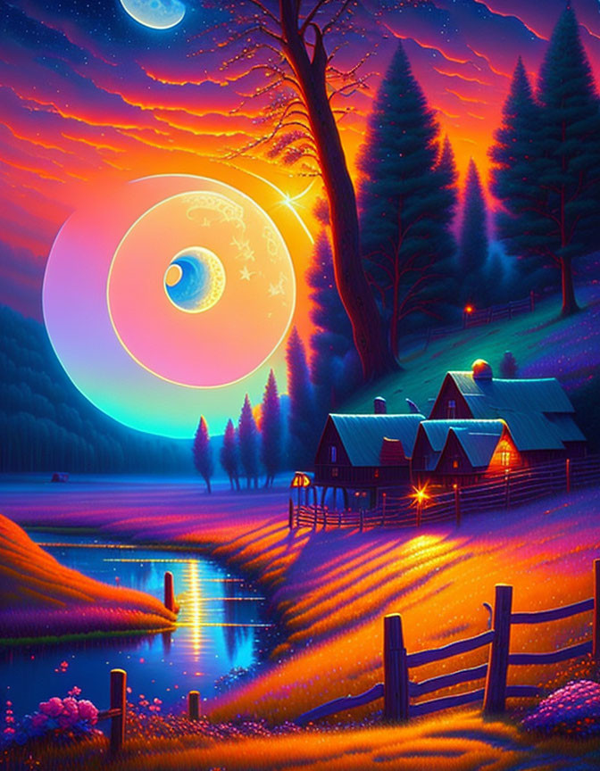 Fantastical dusk landscape with whimsical houses and stylized eye in the sky