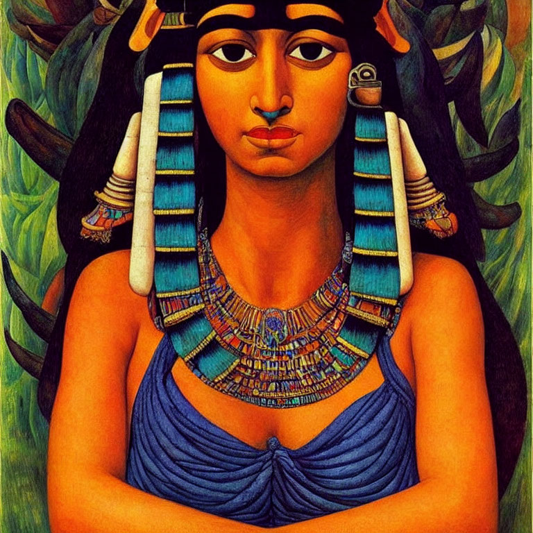 Vibrant painting of woman in Egyptian attire with intricate jewelry
