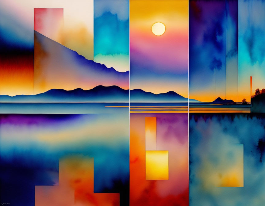 Colorful Abstract Landscape Painting with Mountains, Sun, Water Reflections, and Geometric Shapes