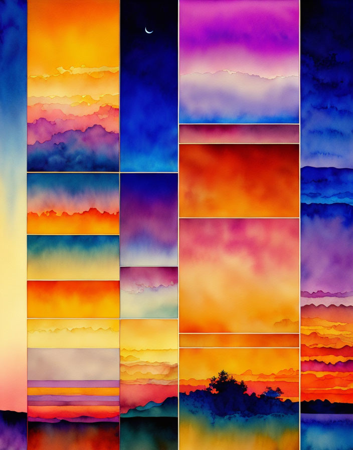 Vibrant Watercolor Landscapes: Colorful Grid of Sunsets, Sunrises,