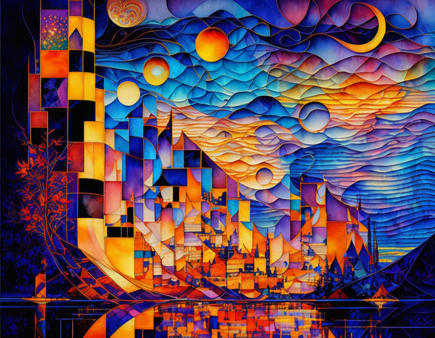 Colorful Abstract Painting with Geometric Shapes and Cityscape Theme