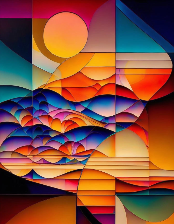 Colorful Abstract Digital Art with Geometric Shapes and Flowing Curves