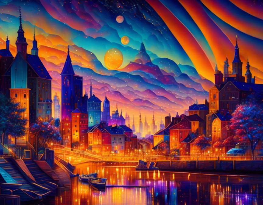 Colorful European Cityscape Artwork with Celestial Elements at Sunset