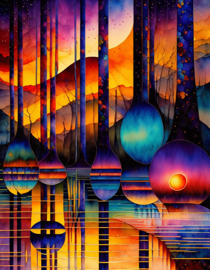 Abstract Watercolor Painting: Vibrant Droplet Shapes in Purple, Orange, and Blue Hues