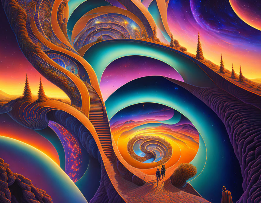 Colorful Surreal Landscape with Spiraling Paths and Figures Walking Amidst Fantastical Setting